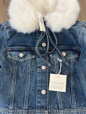 Sandy Liang Denim Trucker Jacket with Cream Faux-Fur Collar